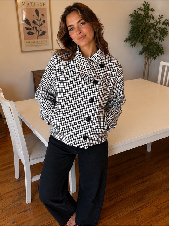 CAbi Jackets & Blazers - CAbi Black & White Grid Cropped Jacket | Asymmetrical Button Front